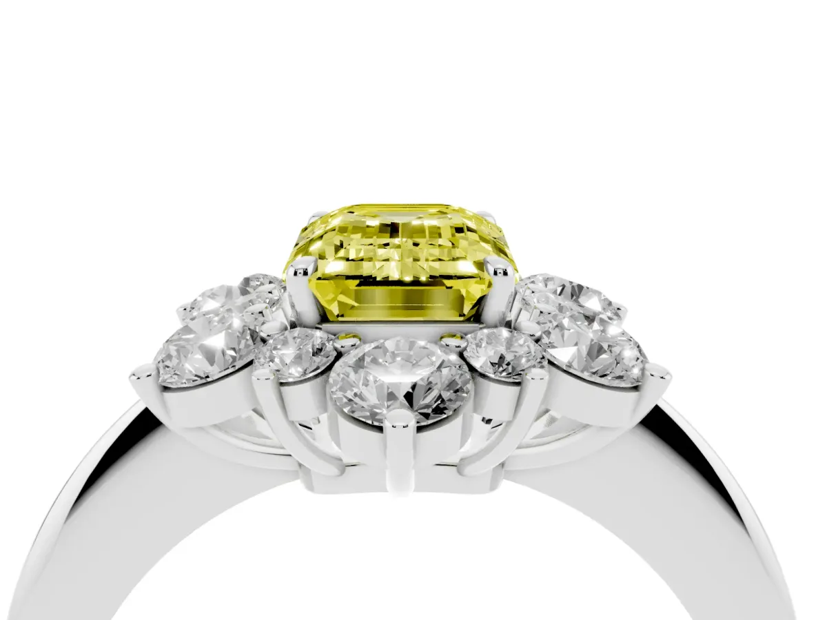 Fancy Yellow Emerald Cut Diamond Cluster Halo Ring with Solitaire Band and Four-Prong Setting Platinum