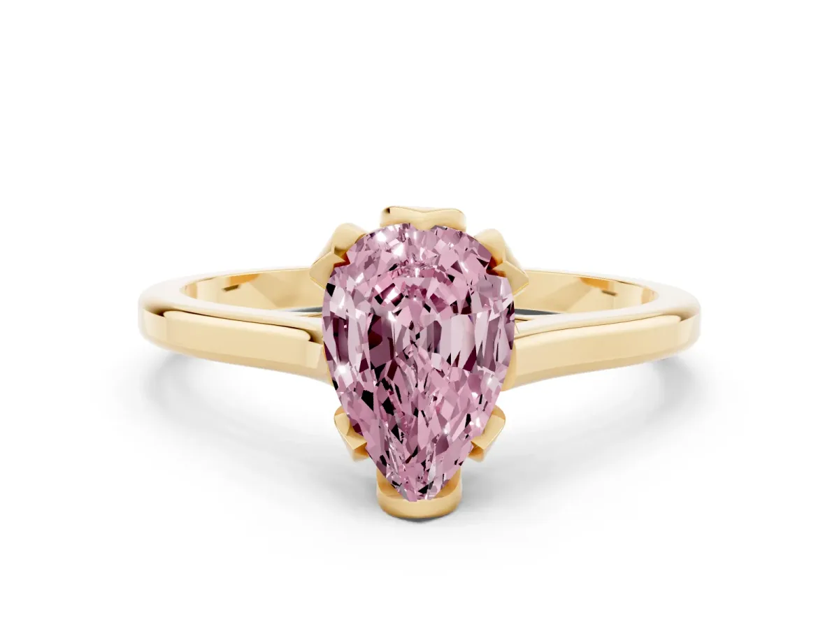Fancy Pink Pear Cut Diamond Solitaire Ring with Flower Prong Setting and Classic Band Yellow gold