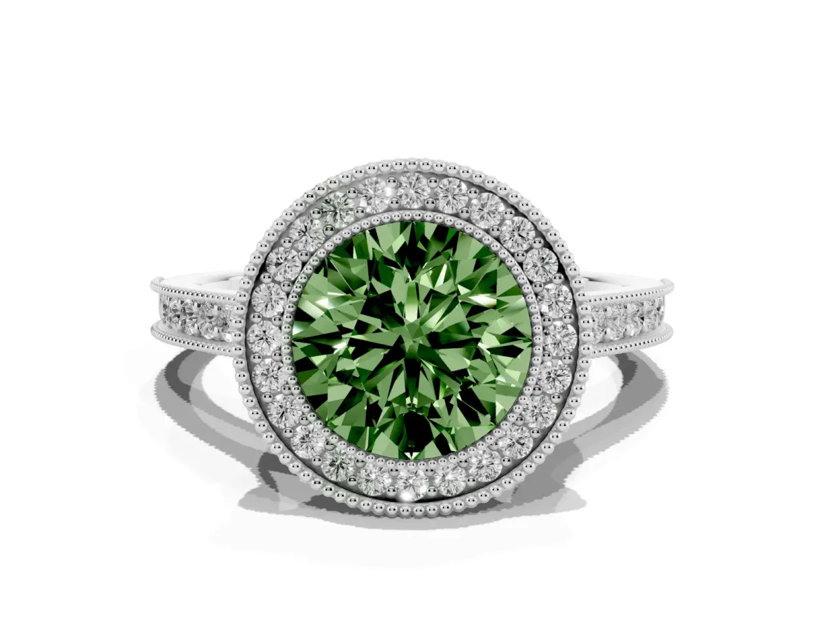 Fancy Green Halo Round Cut-Cut Diamond Pave Band Milgrain Prong Setting Ring Silver