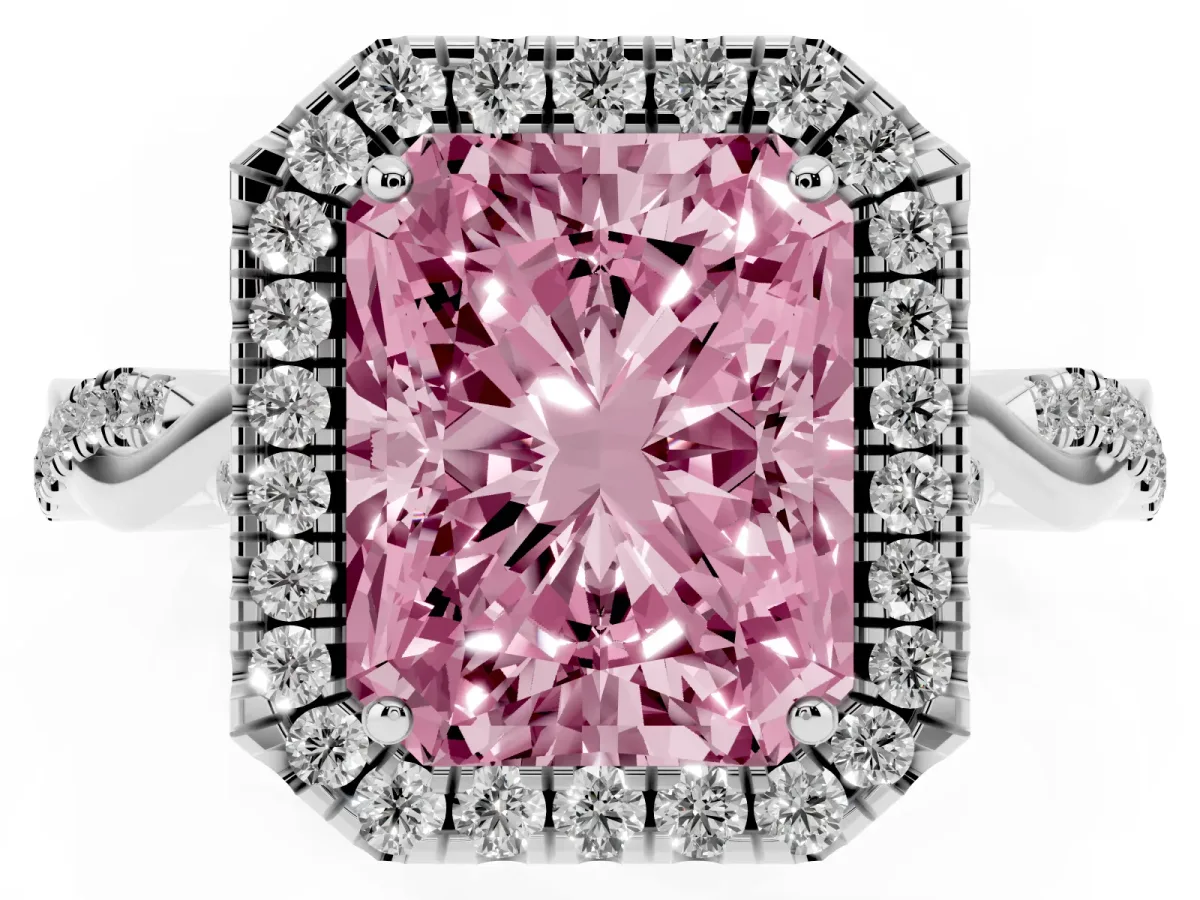 Fancy Pink Radiant Cut Halo Twist Band Solitaire Ring Silver