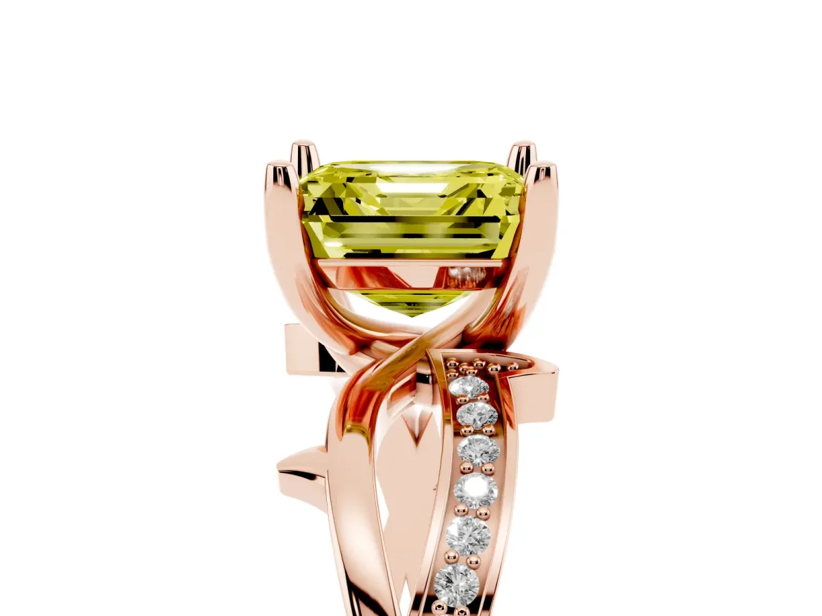 Fancy Yellow Asscher Cut Solitaire Twist Band with Pavé Accents and Four-Prong Setting Rose gold