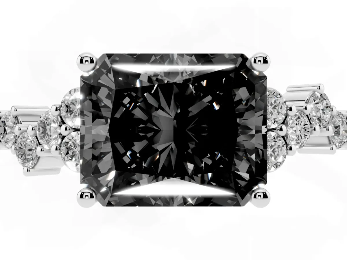 Fancy Black Radiant Cut Diamond Scattered Round Accent Ring with Prong Setting White gold