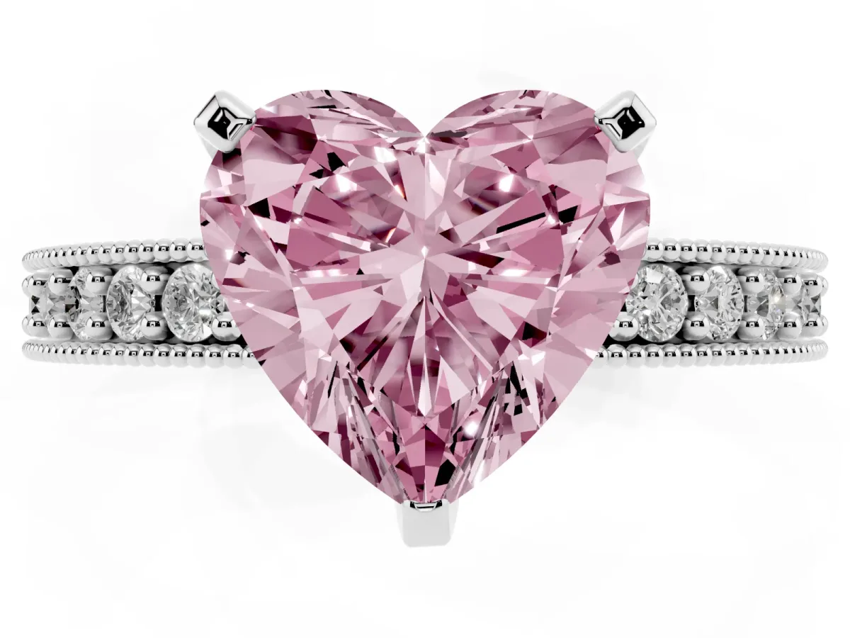 Fancy Pink Heart Cut Diamond Milgrain Pavé Engagement Ring with Four-Prong Setting Silver