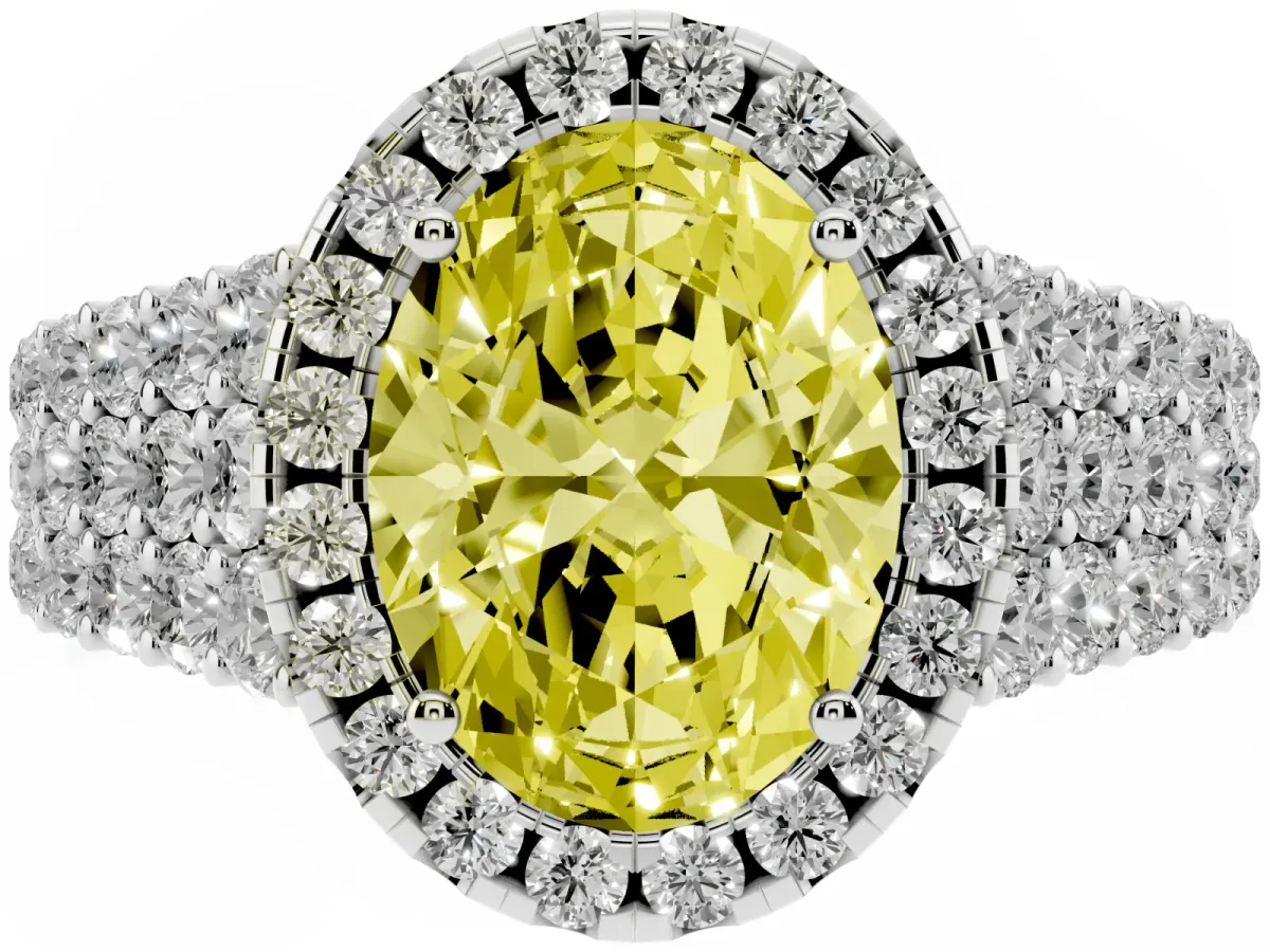 Fancy Yellow Oval Cut Diamond Halo Engagement Ring with Triple Row Round Pavé Band and Prong Setting Platinum