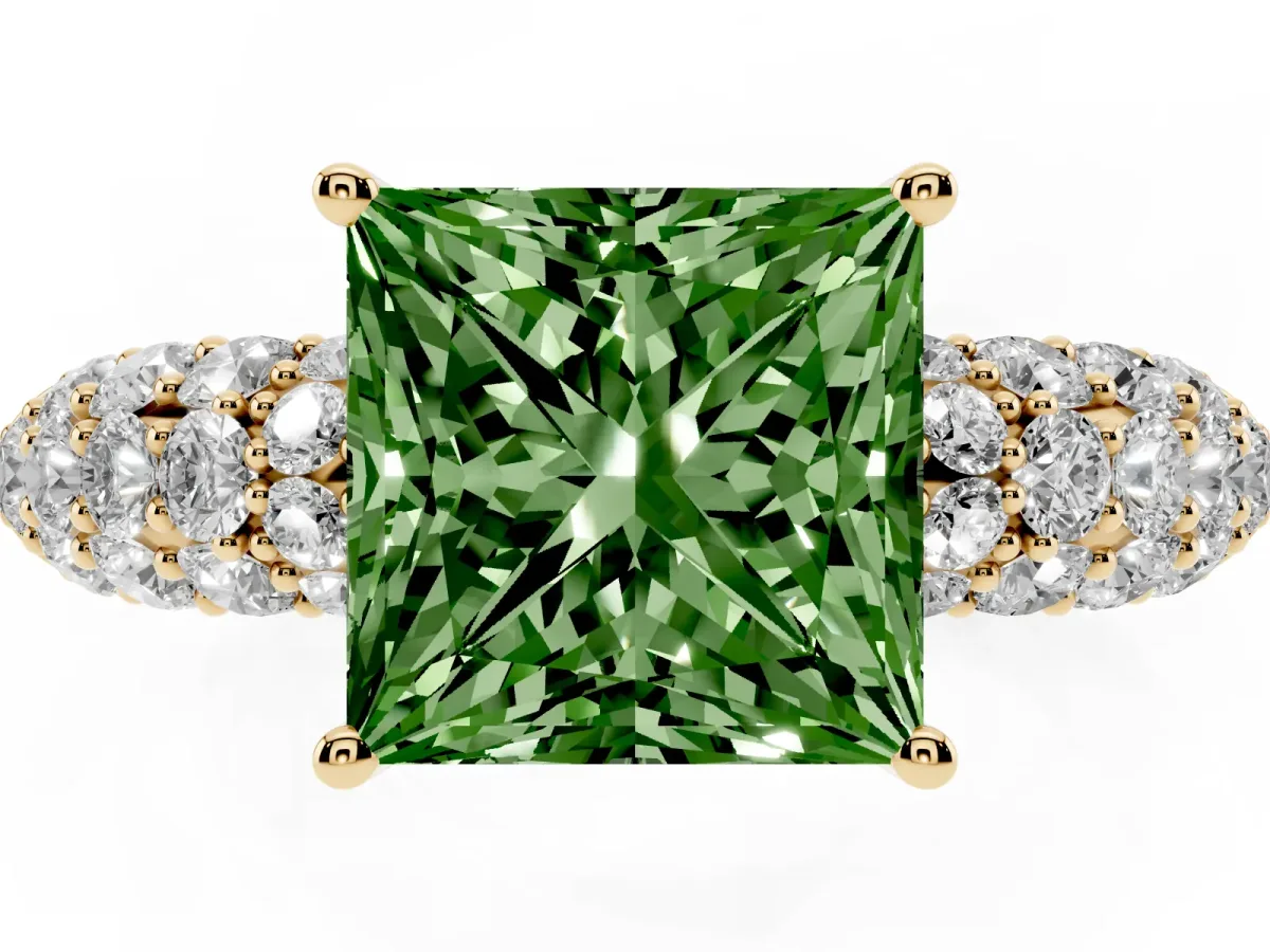 Fancy Green Princess Cut Diamond Pavé Band Solitaire Ring with Four-Prong Setting Yellow gold