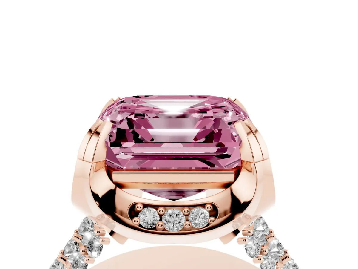 Fancy Pink Asscher Cut Solitaire Pave Split Shank Ring with Four-Prong Setting Rose gold
