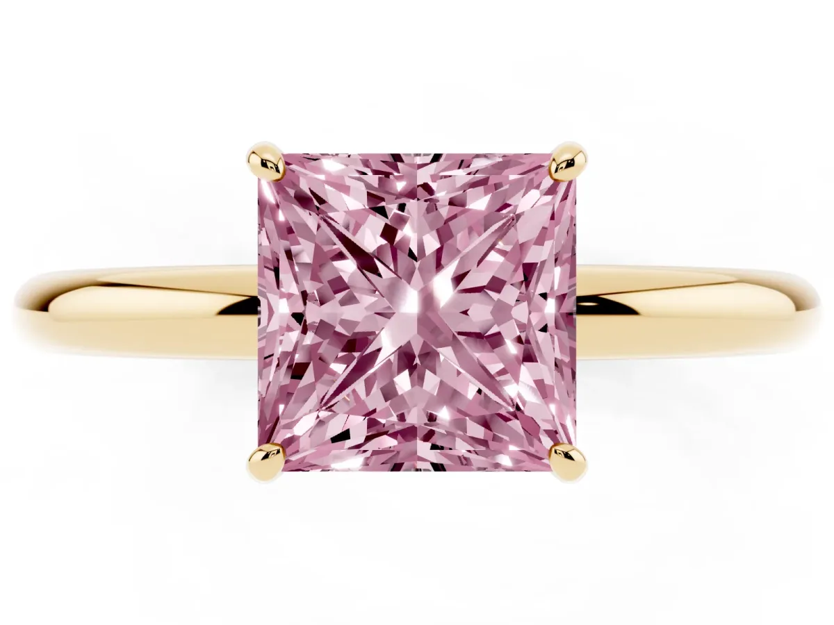 Fancy Pink Princess Cut Solitaire Diamond Ring with Four-Prong Setting on a Plain Band Yellow gold