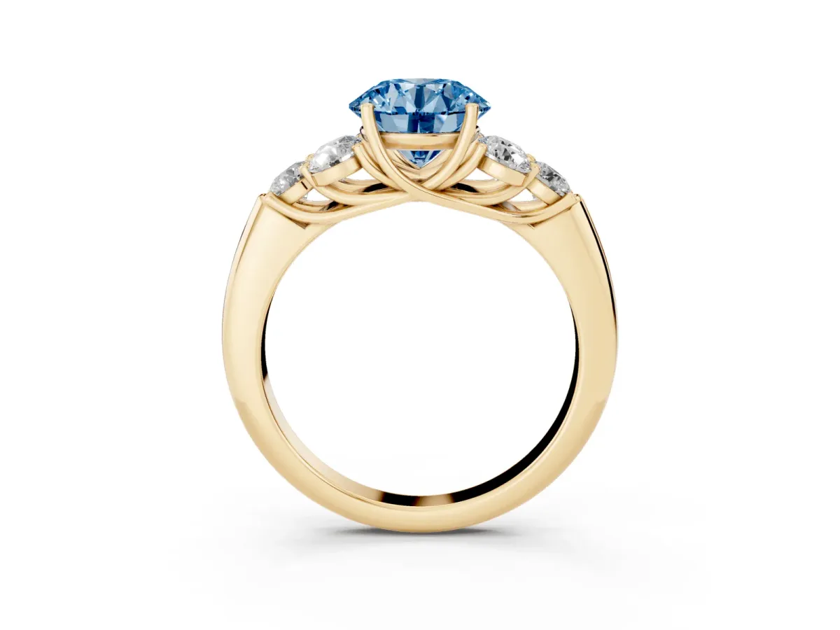 Fancy Blue Round Cut Cut Diamond Cluster Ring with Round Accent Stones and Prong Setting on a Classic Band Yellow gold
