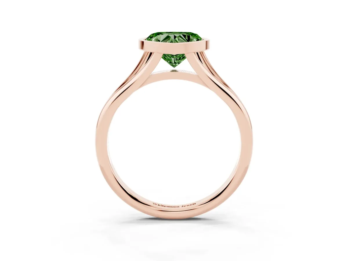 Fancy Green Bezel Set Heart Cut Cut Solitaire Ring with Tapered Band Rose gold