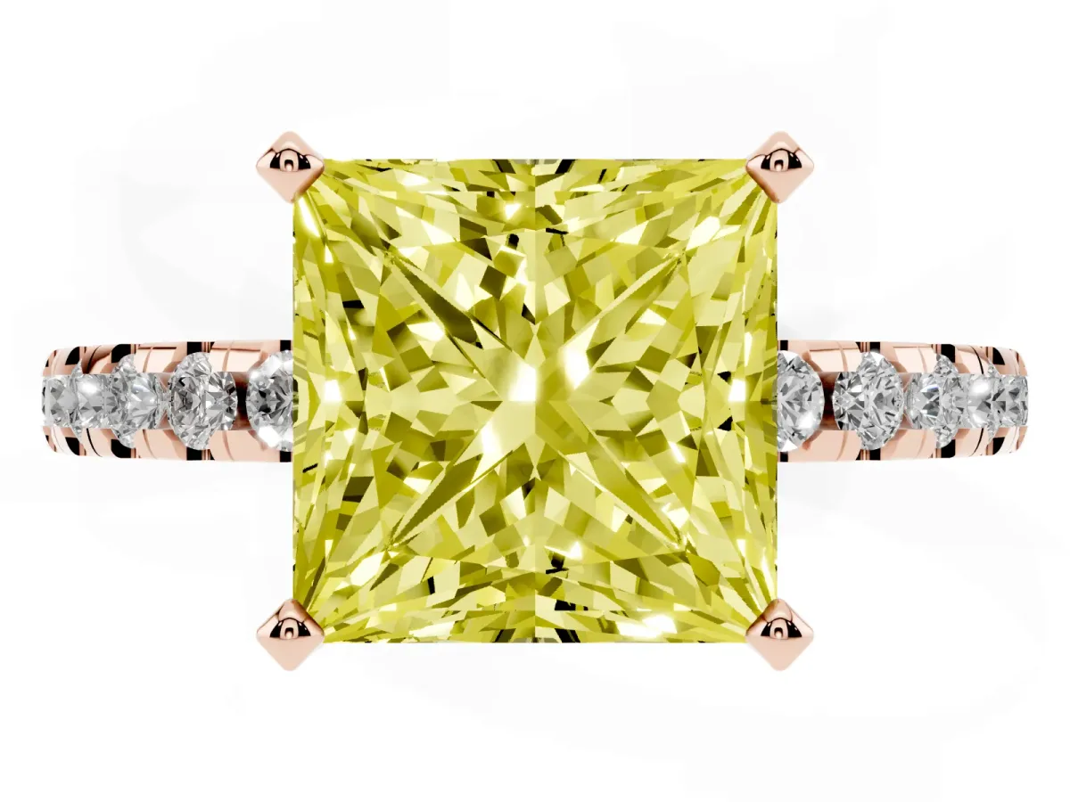 Fancy Yellow Princess Cut Diamond Solitaire Ring with Round Pavé Band and Four-Prong Setting Rose gold