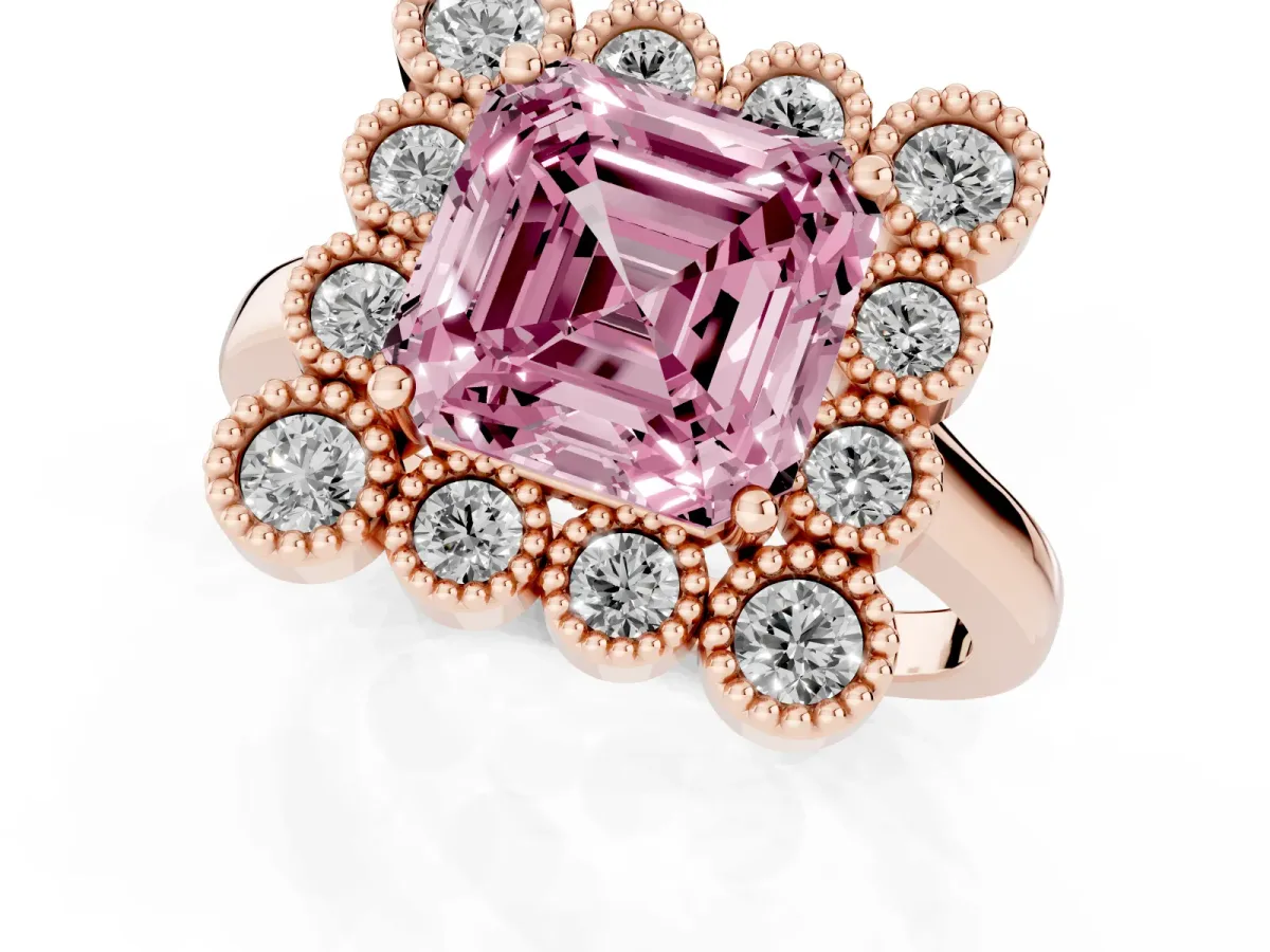Fancy Pink Asscher Cut Halo Diamond Cluster Engagement Ring with Milgrain Bezel Setting and Solitaire Band Rose gold