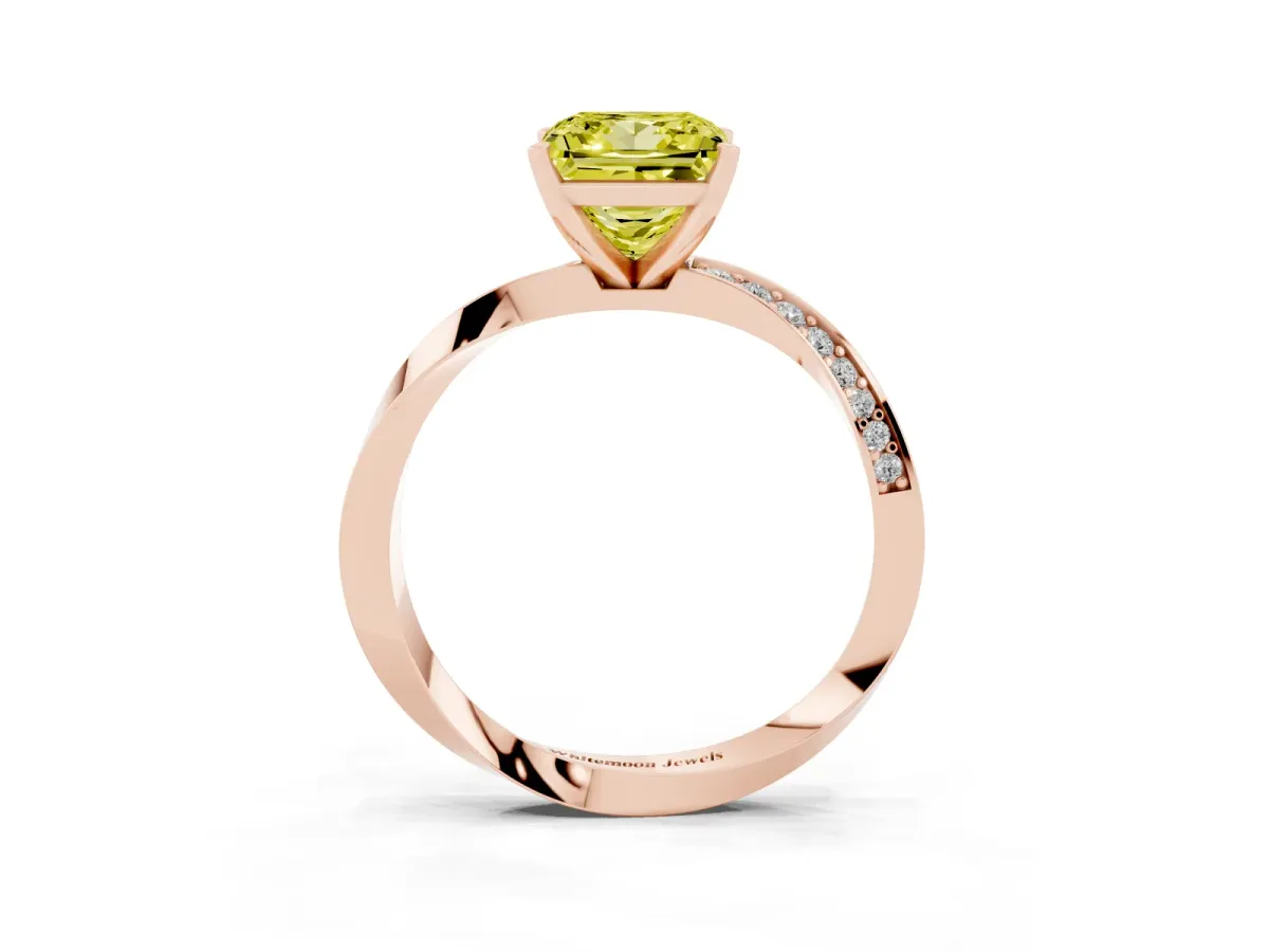 Fancy Yellow Princess Cut Diamond Engagement Ring with Side Stone Accents and Four-Prong Setting Rose gold