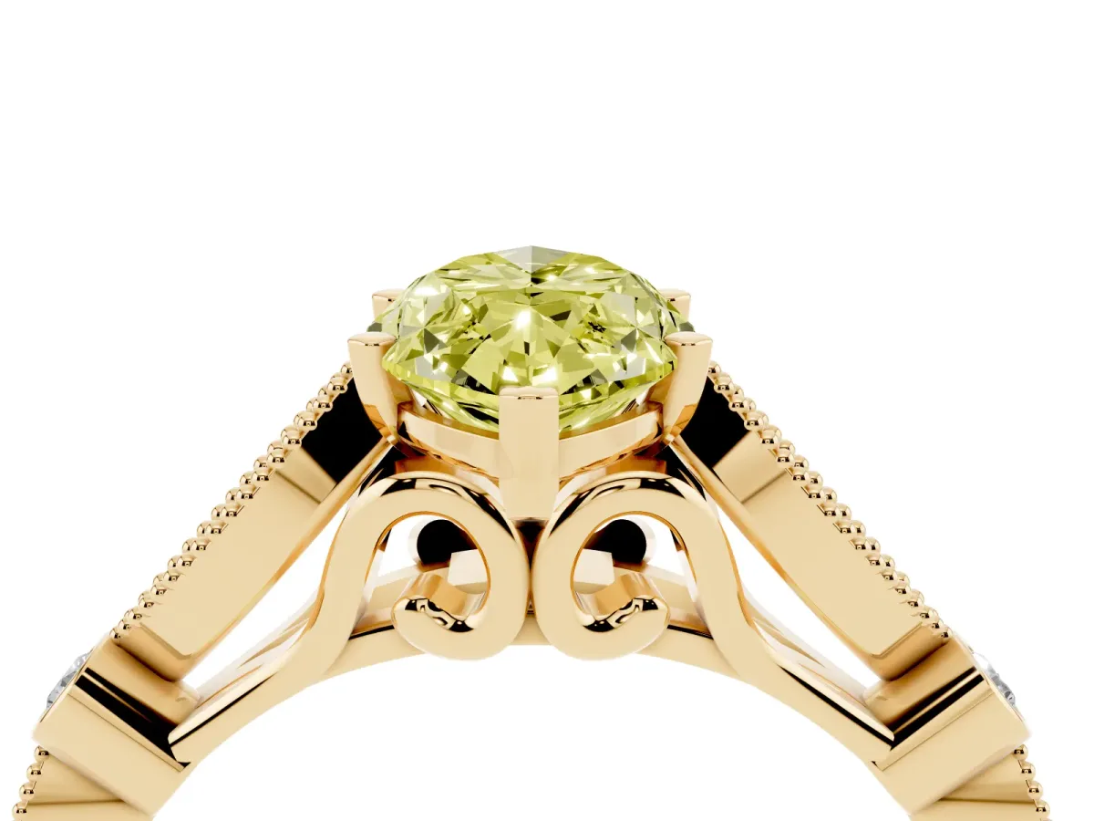 Fancy Yellow Marquise Cut Cut Diamond with Milgrain Marquise and Bezel Accents on a Solitaire Band with Prong Setting Yellow gold