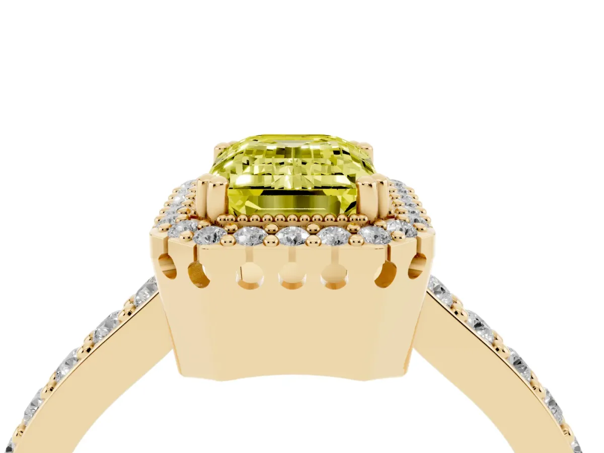 Fancy Yellow Emerald Cut Cut Diamond Halo Engagement Ring with Milgrain Detail and Pavé Band Yellow gold