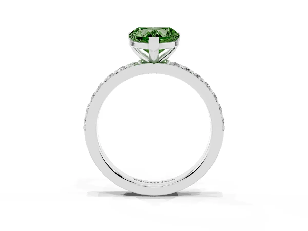 Fancy Green Heart Cut Cut Diamond Solitaire with Pave Band and Four-Prong Setting Silver