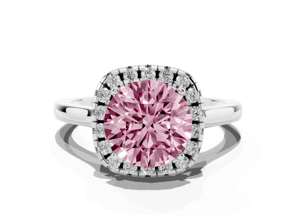 Fancy Pink Round Cut Halo Round Diamond Solitaire Ring with Pavé Band and Four-Prong Setting Silver