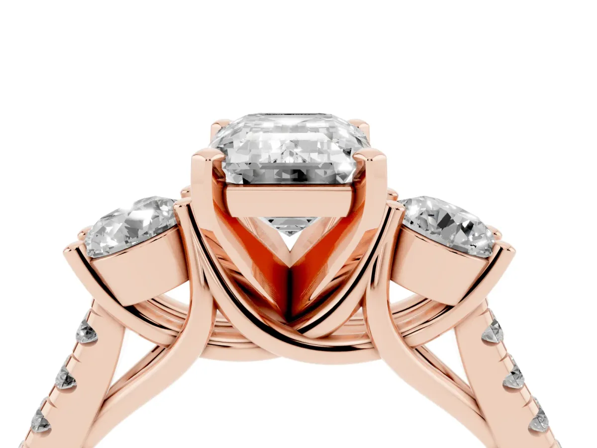 Three-Stone Emerald Cut Diamond Pavé Band with Four-Prong Setting Rose gold