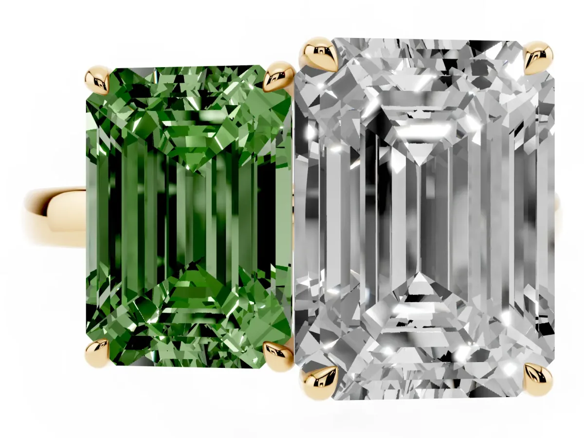 Fancy Green Emerald Cut and Emerald Cut Toi Moi Ring with Prong Setting Yellow gold