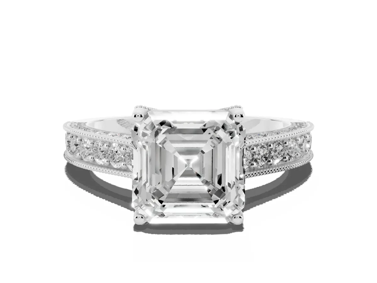 Asscher Cut Cut Diamond Solitaire Ring with Milgrain Pave Band and Four Prong Setting White gold