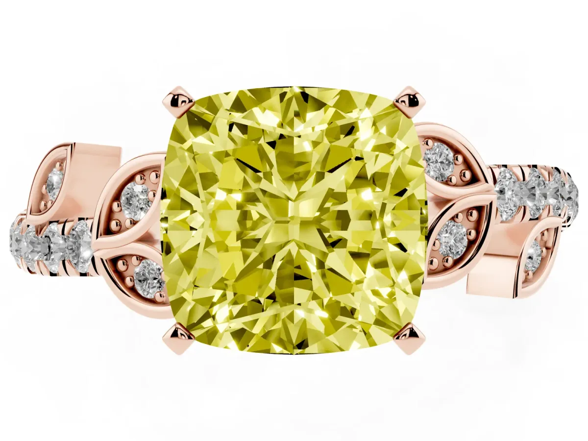Fancy Yellow Cushion Cut Solitaire Leaf-Inspired Diamond Ring with Pavé Band and Four-Prong Setting Rose gold