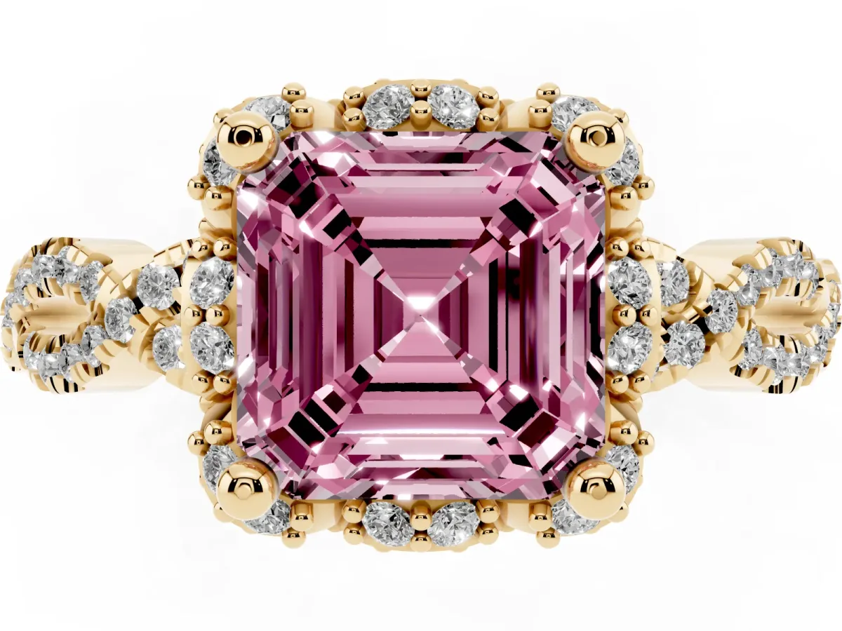 Fancy Pink Asscher Cut Halo Twist Band Solitaire Ring with Six-Prong Setting Yellow gold