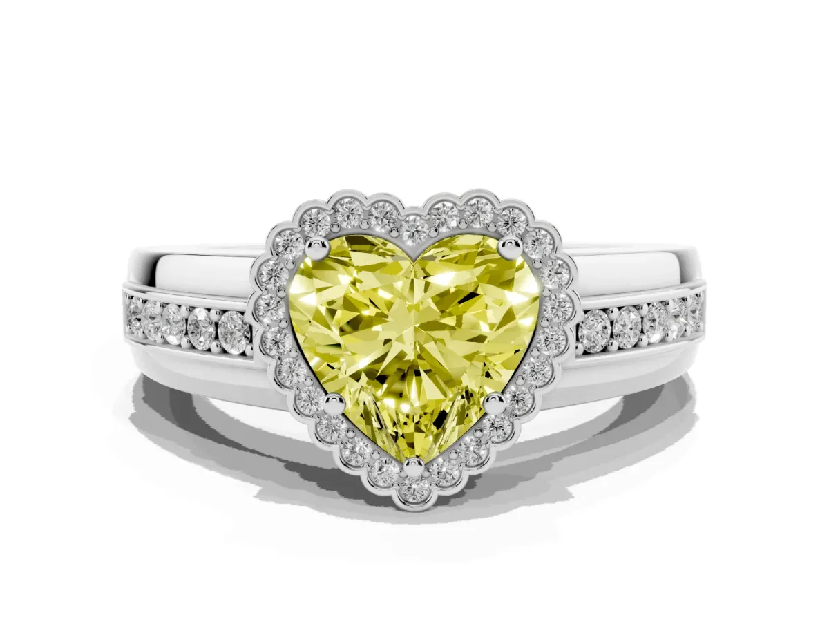 Fancy Yellow Heart Cut Cut Halo Pave Band Four-Prong Ring Silver