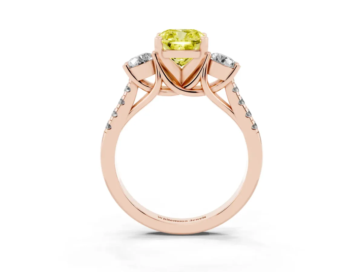Fancy Yellow Three-Stone Cushion Cut Diamond Pavé Band with Four-Prong Setting Rose gold