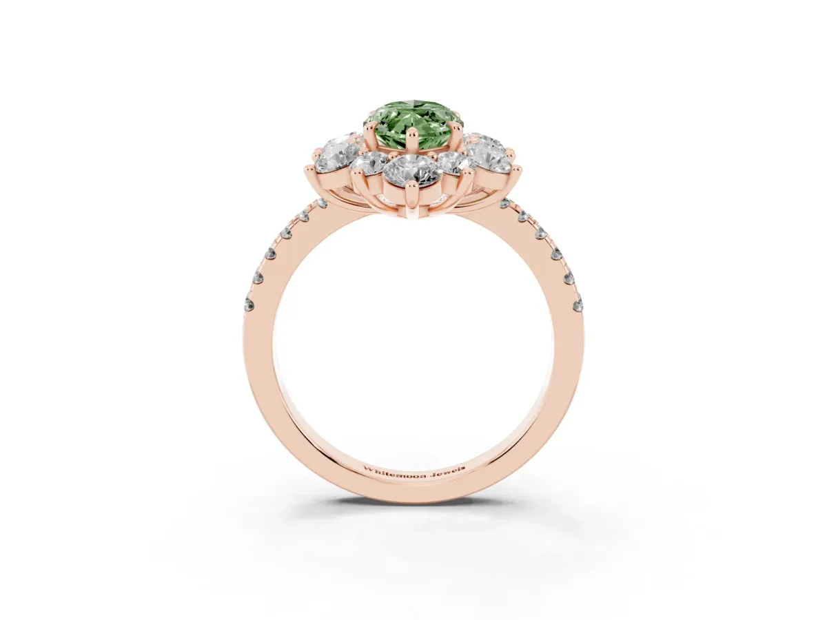 Fancy Green Marquise Cut Diamond Floral Halo Ring with Round Pavé Band and Prong Setting Rose gold