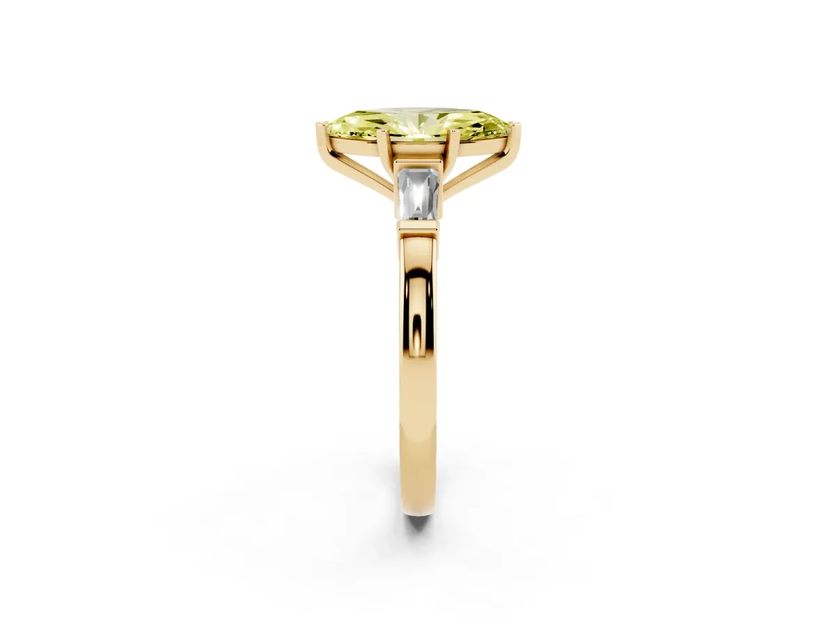 Fancy Yellow Marquise Cut Cut Diamond Solitaire Ring with Tapered Baguette Accents and Four-Prong Setting Yellow gold