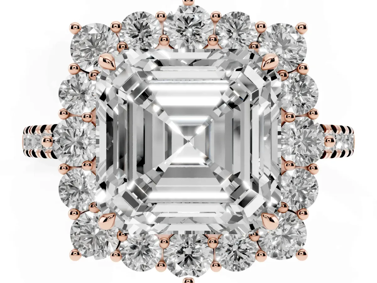 Asscher Cut Halo Diamond Ring with Pavé Band and Prong Setting Rose gold