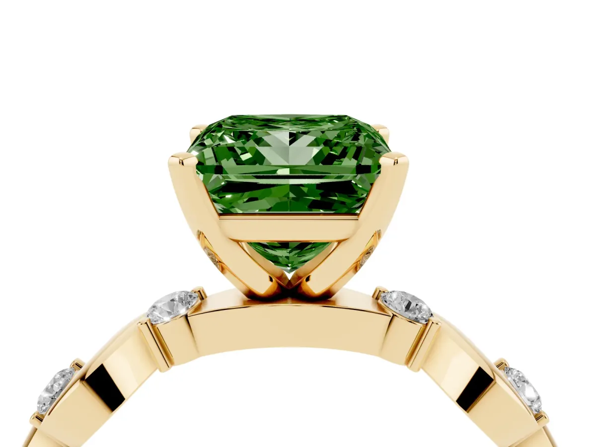 Fancy Green Princess Cut Diamond Solitaire Twisted Band with Round Accents and Prong Setting Yellow gold