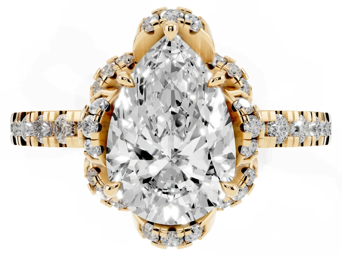 Pear Cut Diamond Halo Pave Band with Four-Prong Setting Yellow gold