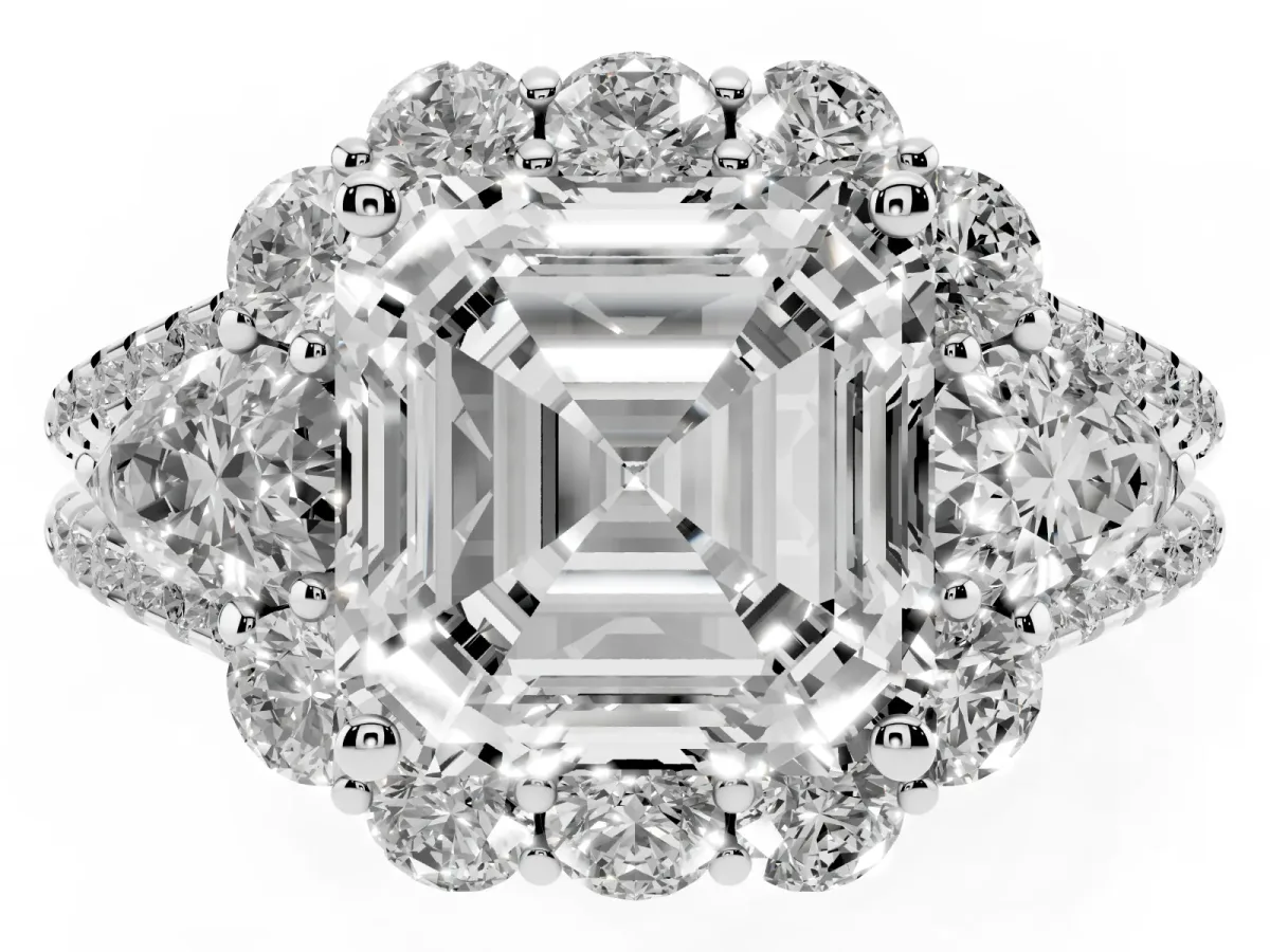 Asscher Cut Halo Split Shank Diamond Engagement Ring with Prong Setting Platinum