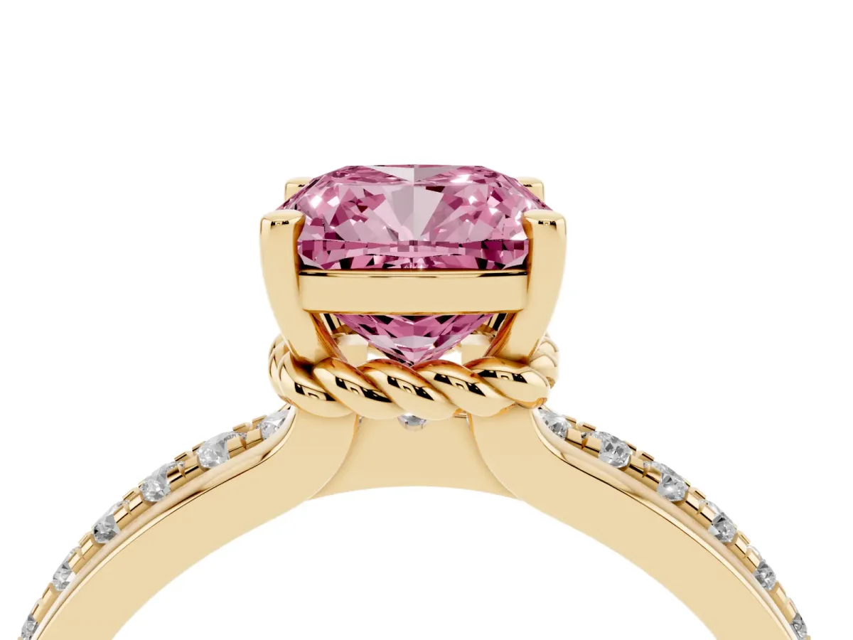 Fancy Pink Cushion Cut Solitaire Diamond Ring with Channel Set Band and Six-Prong Setting Yellow gold