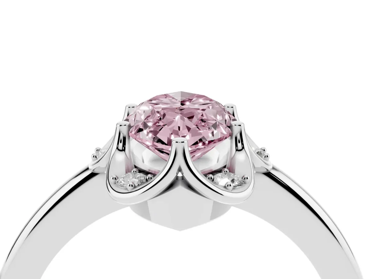 Fancy Pink Marquise Cut Halo Diamond Ring with Round Cluster Setting, Solitaire Band, and Four-Prong Setting Platinum