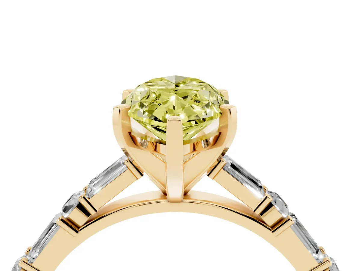 Fancy Yellow Marquise Cut Diamond Solitaire with Side Baguettes and Channel Set Band Yellow gold