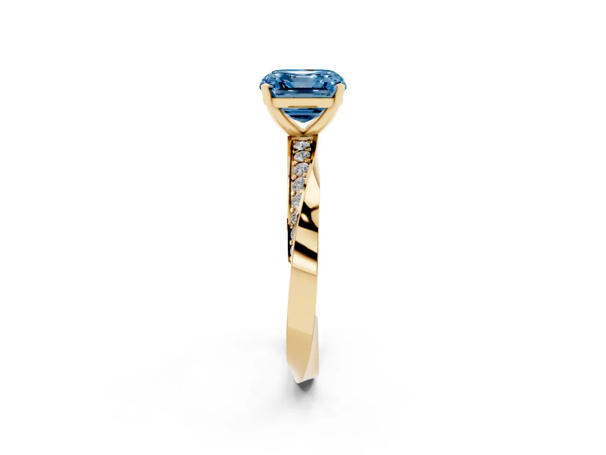 Fancy Blue Asscher Cut Diamond Engagement Ring with Side Stone Accents and Four-Prong Setting Yellow gold