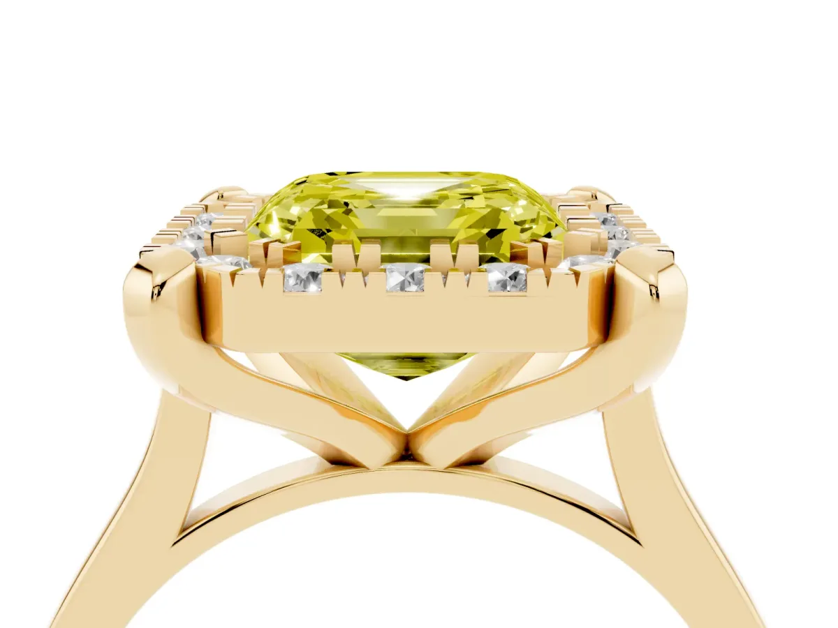 Fancy Yellow Asscher Cut Diamond Cluster Halo Solitaire with Four-Prong Setting Yellow gold
