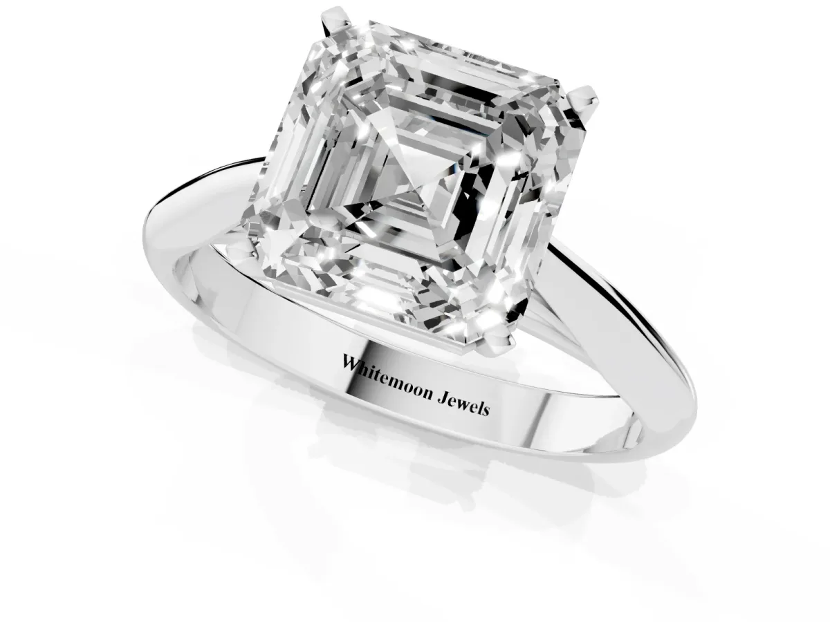 Asscher Cut Diamond Solitaire Engagement Ring with Cathedral Setting and Four-Prong Mount White gold