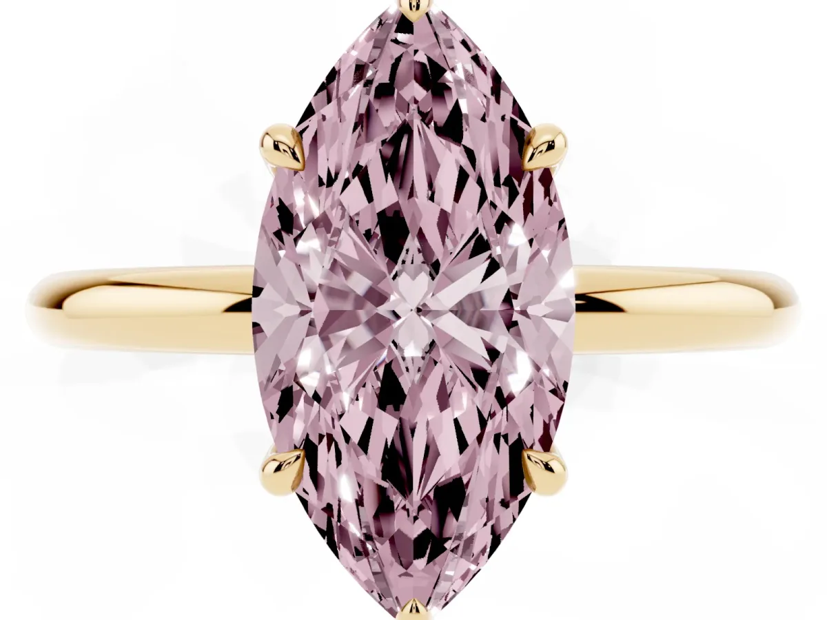 Fancy Pink Marquise Cut Diamond Solitaire Ring with Thin Band and Four-Prong Setting Yellow gold