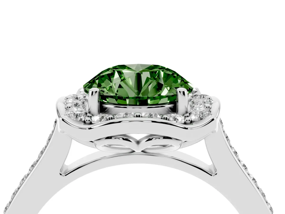 Fancy Green Round Cut Halo Round Diamond Pave Band with Four-Prong Setting Silver
