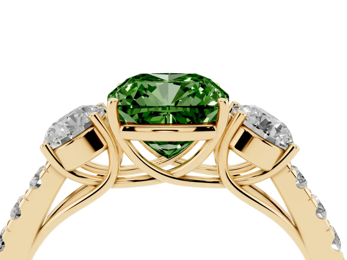 Fancy Green Cushion Cut Cut Diamond Three-Stone Ring with Round Side Stones and Pavé Band Yellow gold