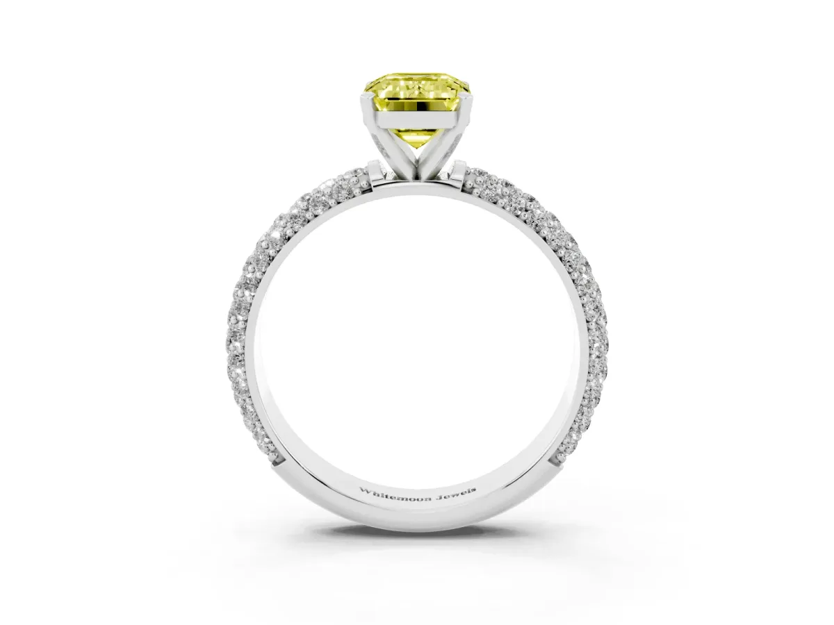 Fancy Yellow Emerald Cut Diamond Solitaire Ring with Prong Setting and Pavé Band Silver