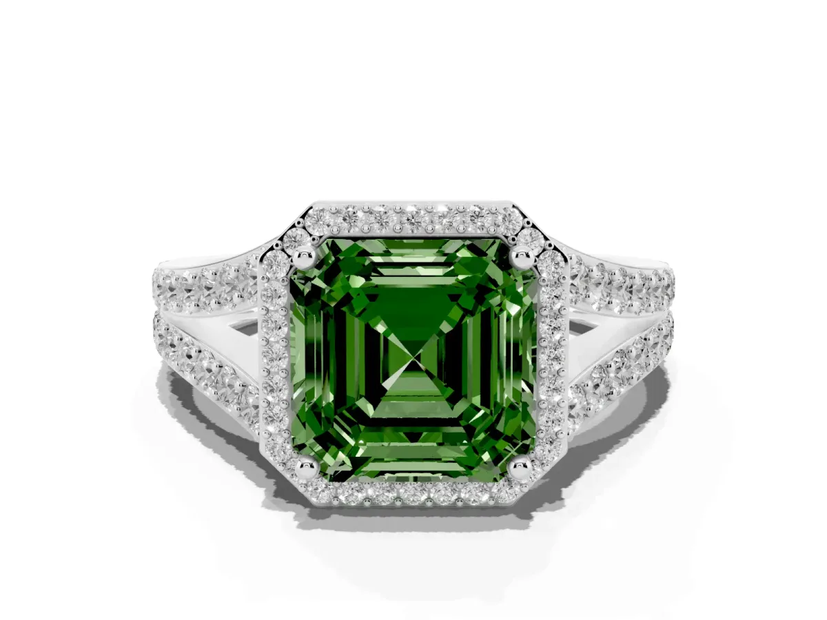 Fancy Green Asscher Cut Diamond Split Shank Halo Ring with Four-Prong Setting Platinum