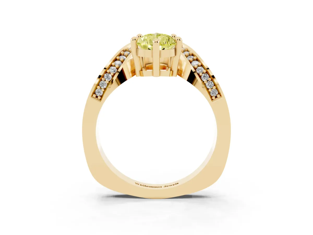 Fancy Yellow Pear Cut Solitaire Diamond Engagement Ring with Pave Band and Four-Prong Setting Yellow gold
