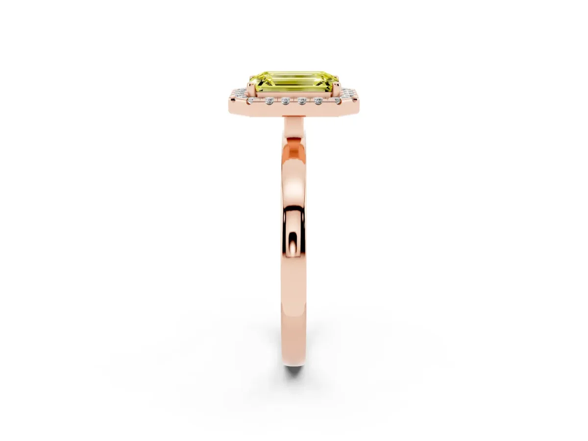Fancy Yellow Emerald Cut Halo Diamond Solitaire with Pavé Band and Four-Prong Setting Rose gold