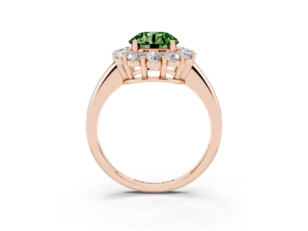 Fancy Green Round Cut Halo Cluster Diamond Engagement Ring with Prong Setting and Polished Band Rose gold