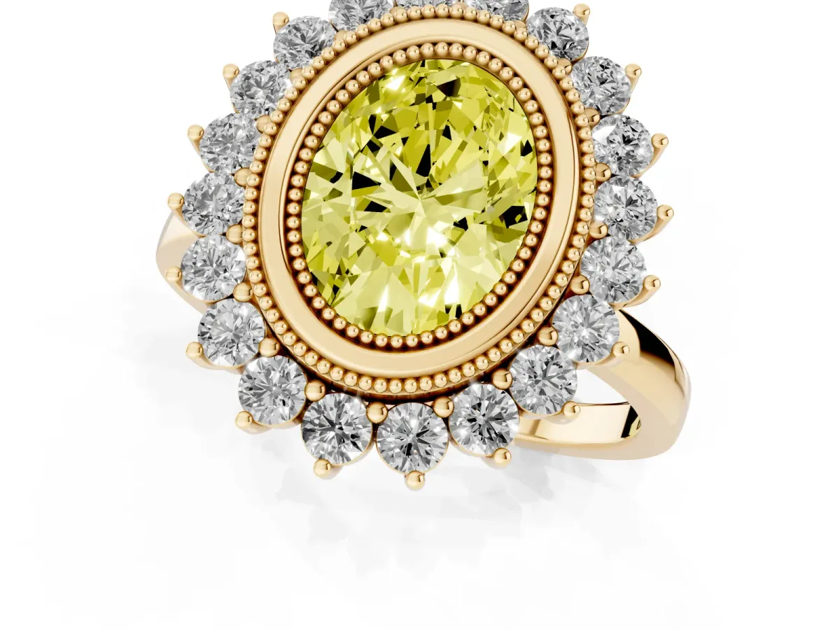 Fancy Yellow Oval Cut Halo Diamond Ring with Milgrain Edge and Round Prong Setting Yellow gold