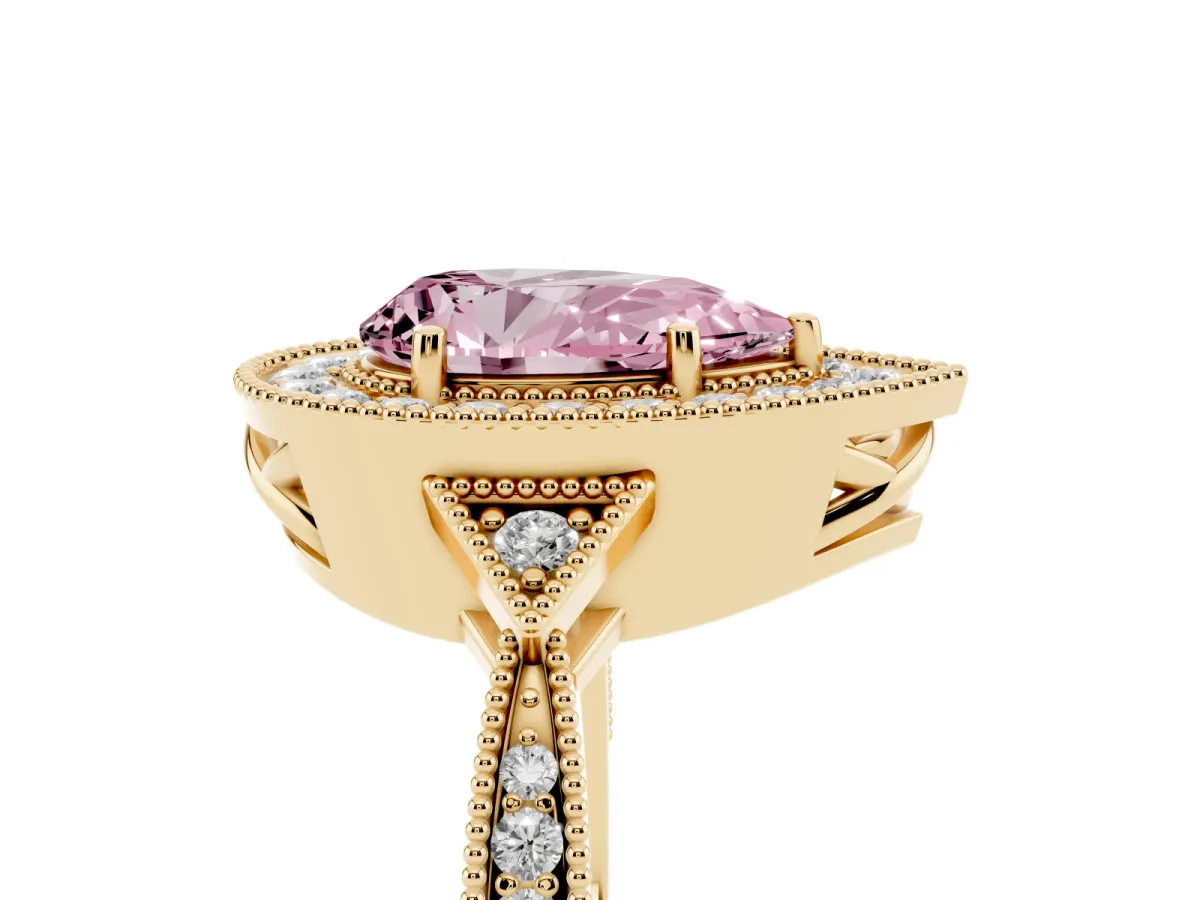 Fancy Pink Pear Cut Halo Round Diamond Milgrain Pave Engagement Ring Yellow gold