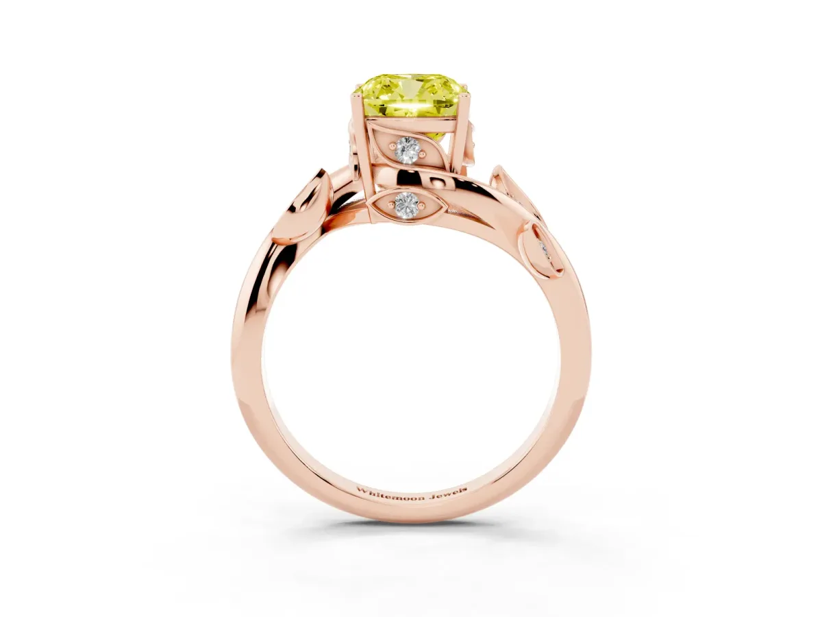 Fancy Yellow Cushion Cut Solitaire Twist Engagement Ring with Leaf Accents and Prong Setting Rose gold